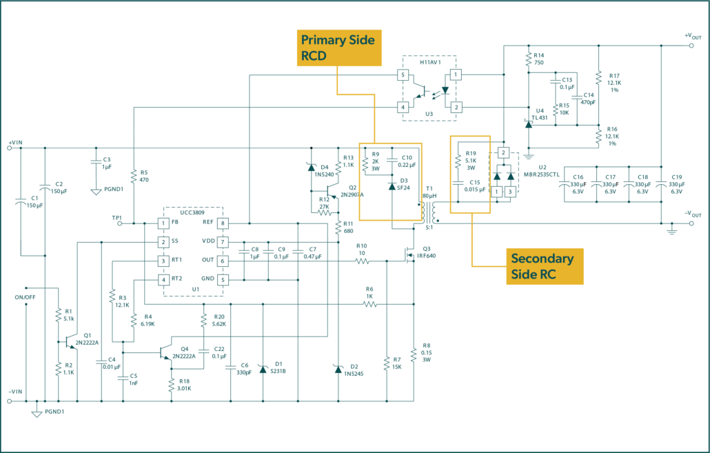 This example shows an isolated DC/DC converter using the UCC3809 controller and circuitry according to the reference design.